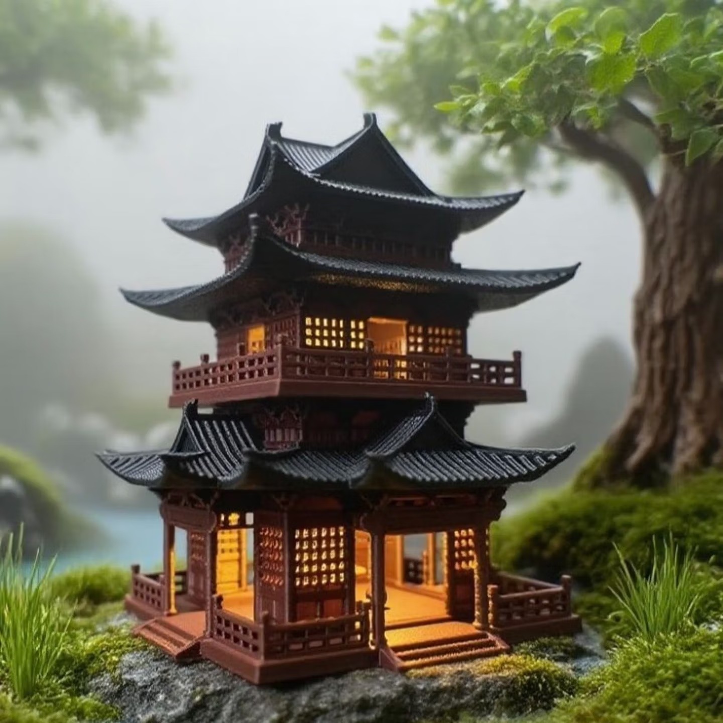 古建筑模型小房子摆件水陆鱼缸盆景假山古风微景观造景亭子 1【古风茶楼+暖光氛围灯】