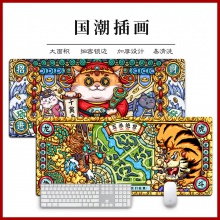 国潮原创插画手绘鼠标垫超大号护腕桌垫书桌学生电脑鼠标垫子办公桌垫键盘垫快捷键大全电竞定制 白虎 尺寸300*800mm厚度3mm